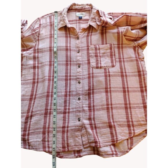 Universal Thread Top XL Plaid Button Up Pocket Long Sleeve Salmon Pink - Picture 5 of 11